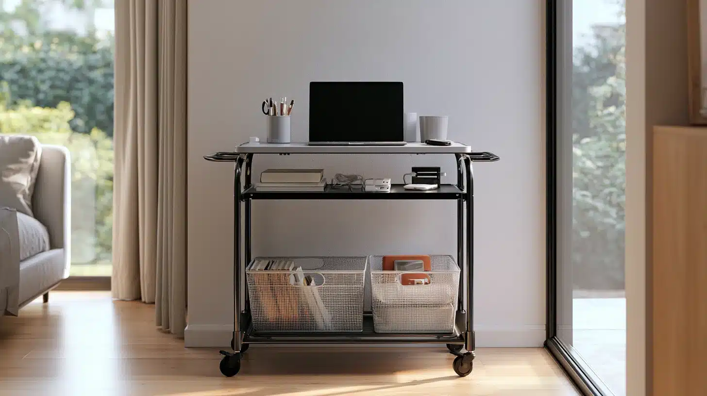 A laptop placed on a cart in a well-lit room, showcasing a workspace setup.