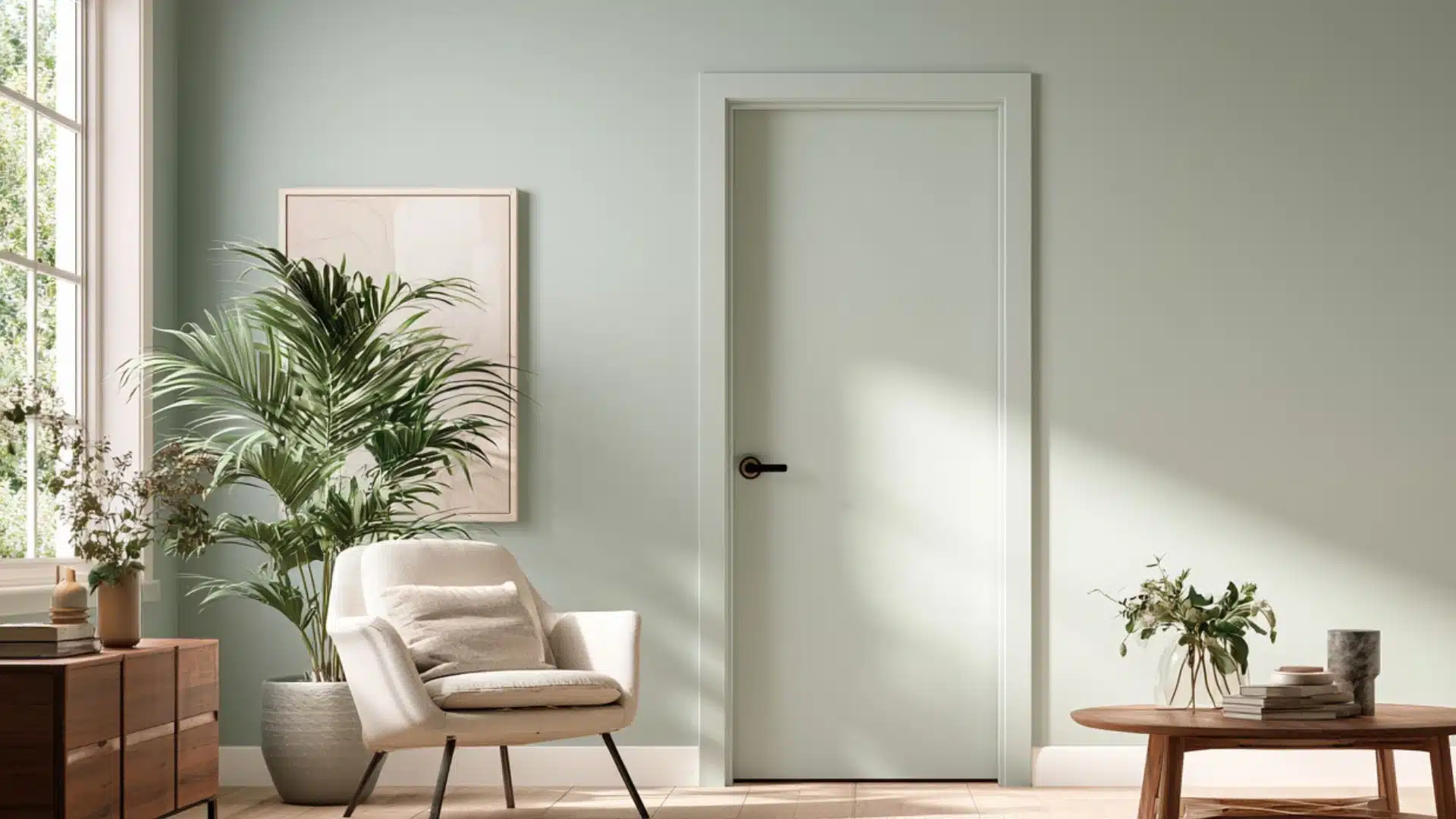 A living room featuring a green door and white furniture, creating a bright and inviting atmosphere.