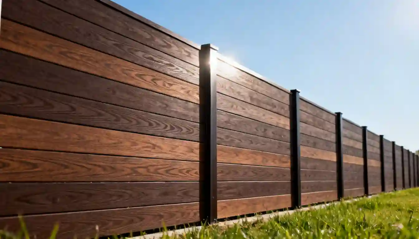 A long fence made of horizontal brown wood-look planks with black posts extends into the distance under a clear blue sky.