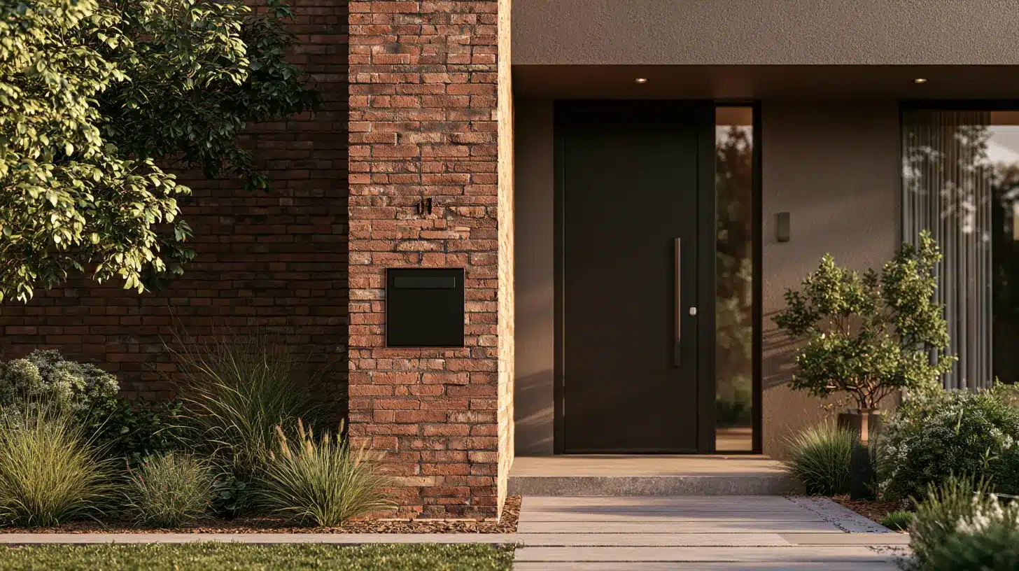 A modern brick column featuring a flush mount mailbox, set against a contemporary home entrance.