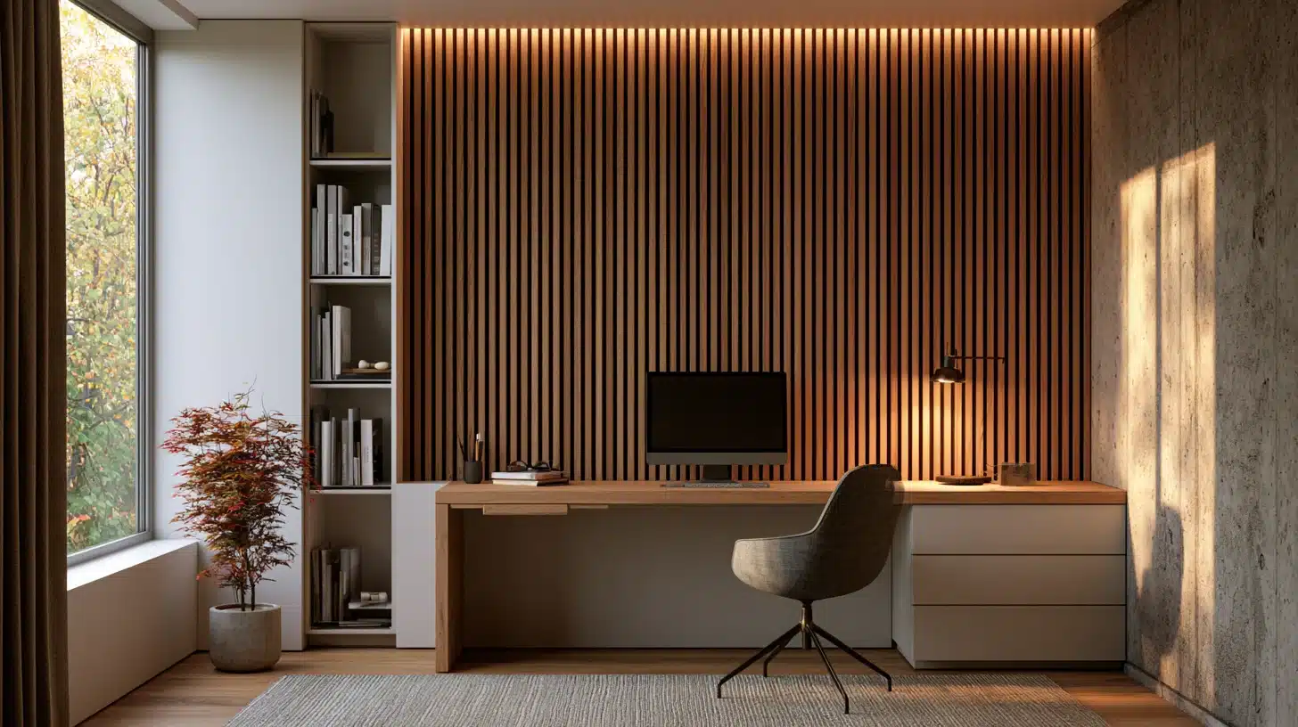 A modern home office featuring a sleek desk and ergonomic chair, designed for productivity and comfort.