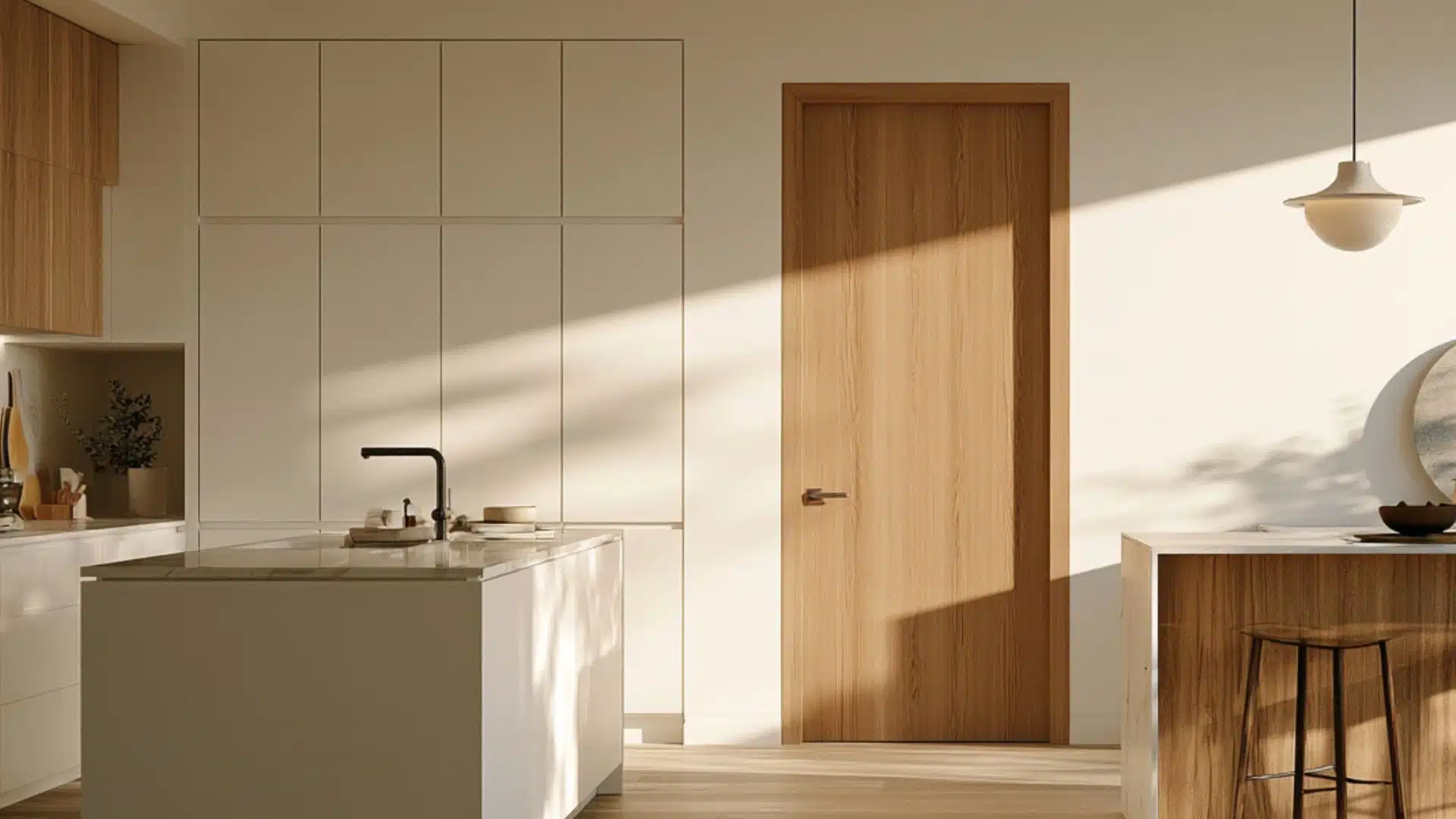 A modern kitchen featuring wooden cabinets and sleek white countertops, showcasing a clean and contemporary design.