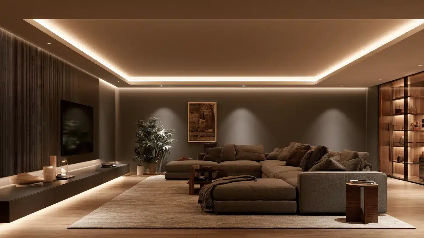A modern living room with a sectional sofa, wall-mounted television, coffee table, plant, artwork, and illuminated display shelving.