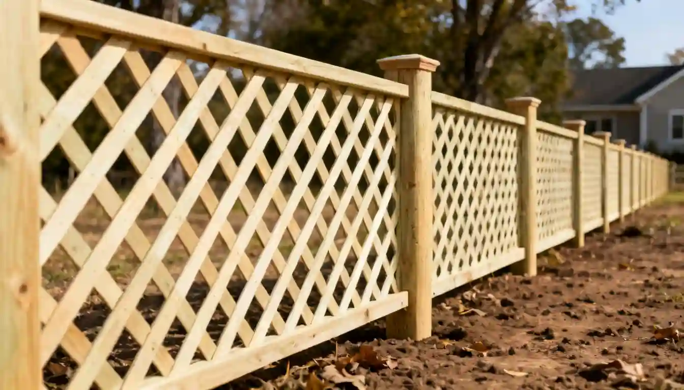 A new wooden lattice fence with decorative post caps stretches along a yard, with a house visible in the background.