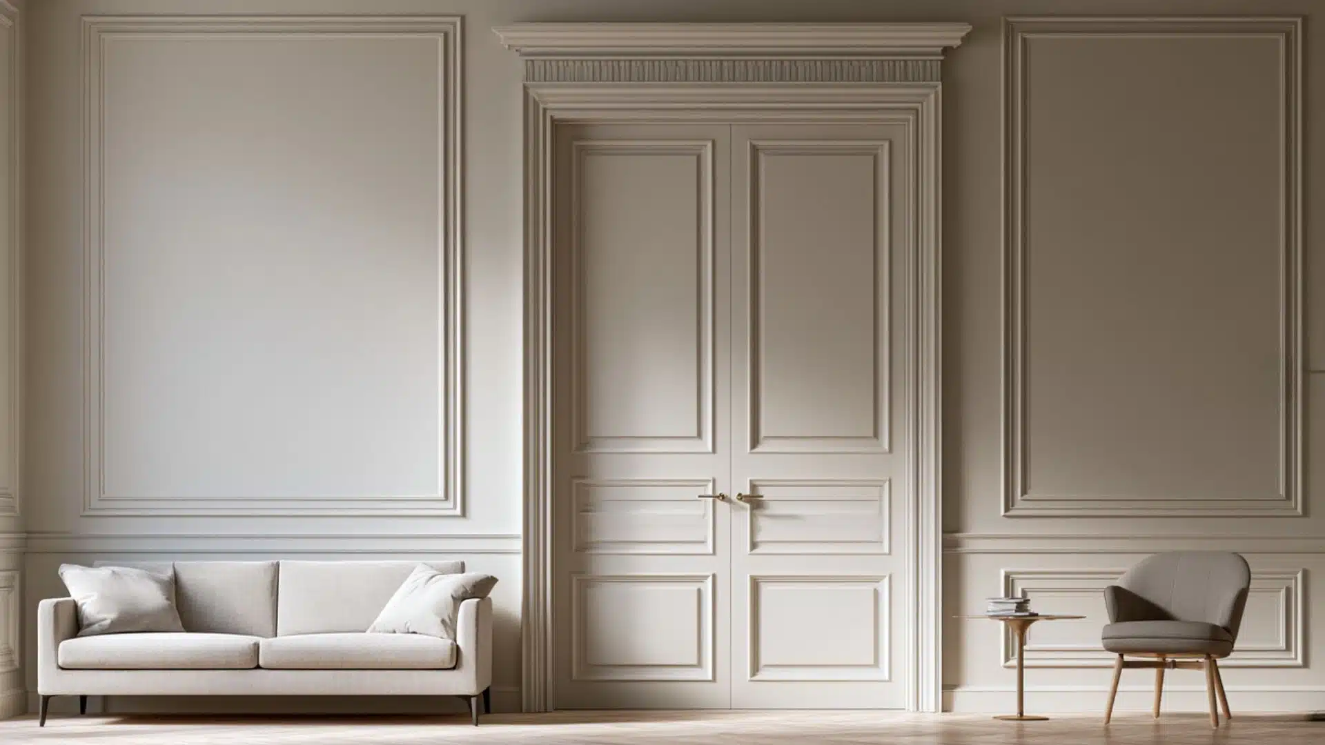 A room featuring a white couch positioned near a door, with neutral-colored walls and minimal decor.