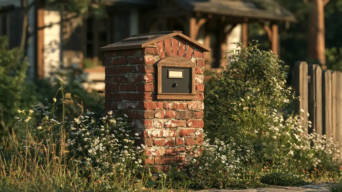 A rustic brick mailbox with wooden accents stands in front of a house, blending traditional and natural elements.