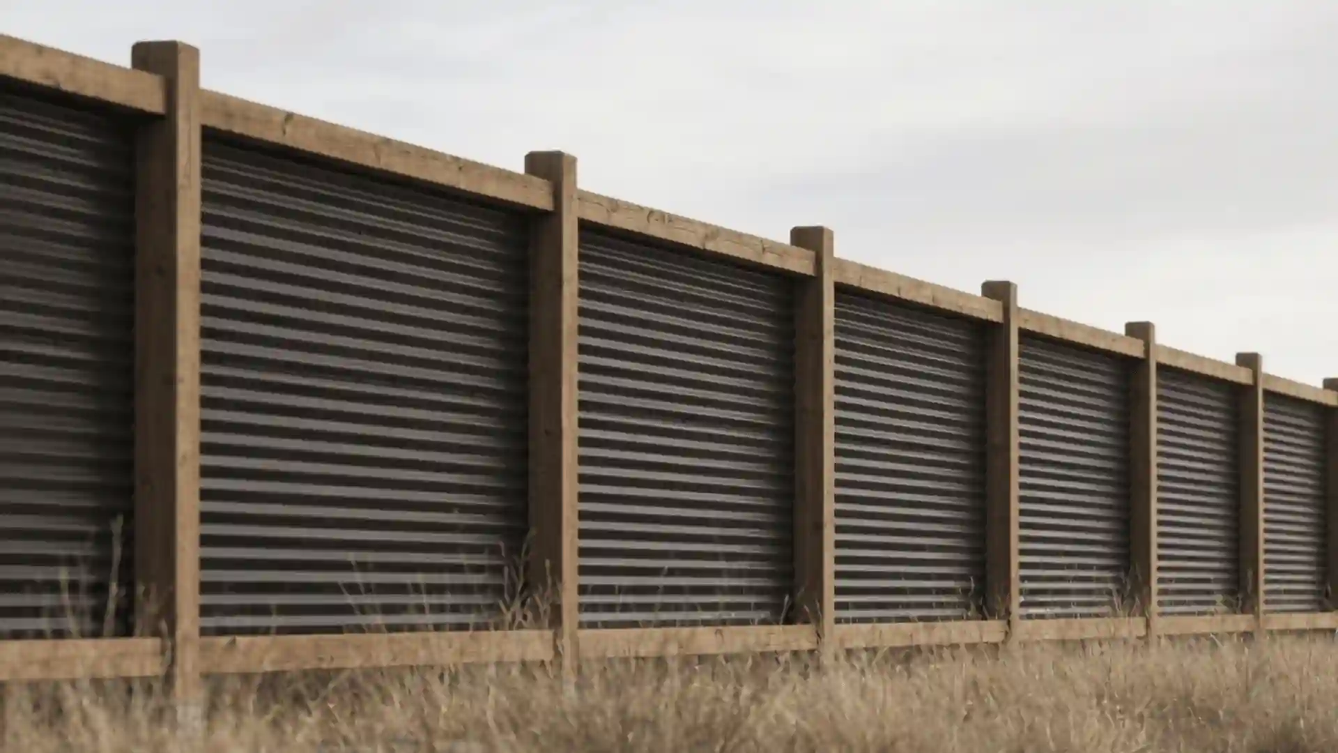 A rustic wooden fence with corrugated metal panels borders dry grass under an overcast sky.