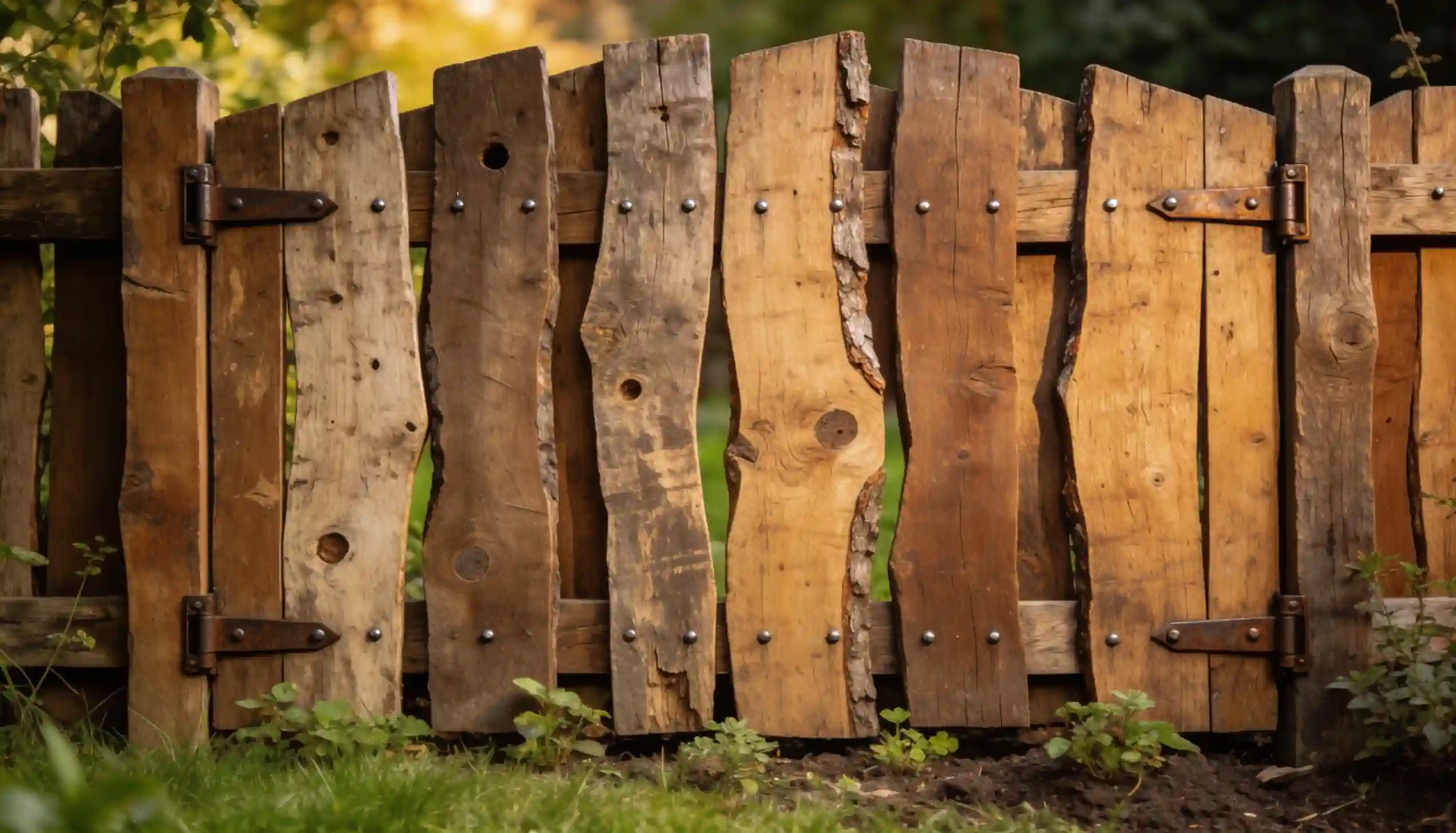 A rustic wooden fence with weathered planks and rusty hinges stands in front of a blurred green background.