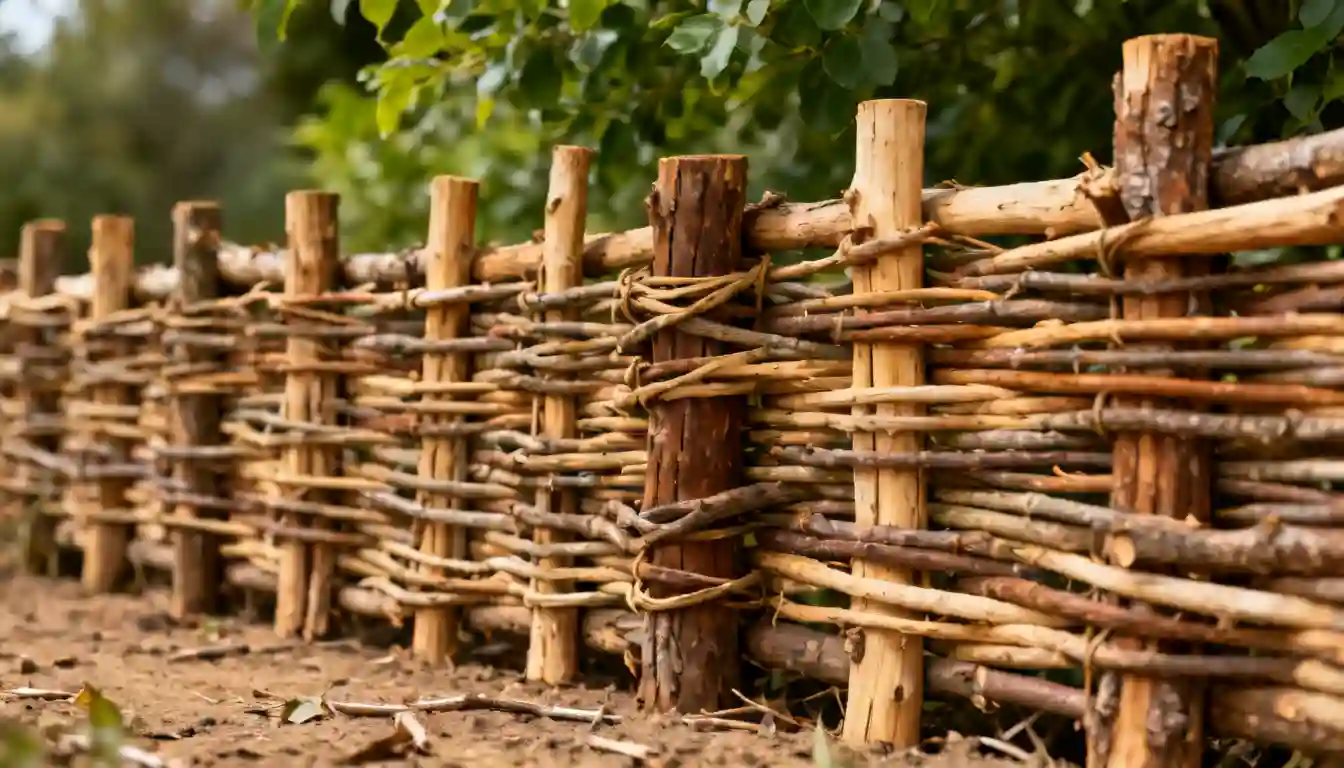 A rustic woven fence made of natural branches and wooden posts borders a dry ground with green foliage in the background.