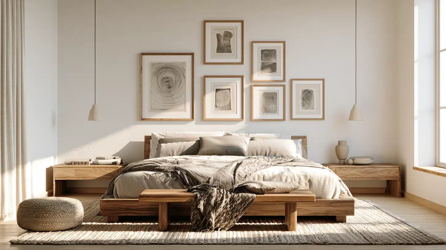 A modern boho room with a gallery wall above the bed, a rug, lamps and soft wooden bed with neutral beddings