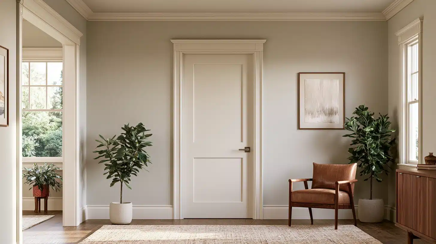 A simple room featuring a door on one side and a chair positioned near the center.