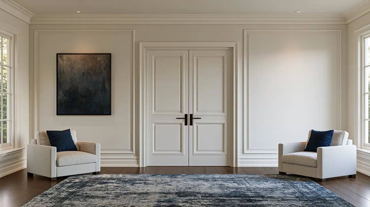 A simple room layout showcasing two chairs and a soft rug beneath them.