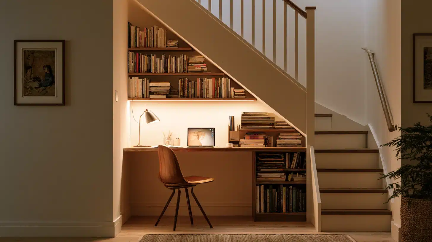 A small workspace under a staircase, featuring a desk and shelves lined with books.