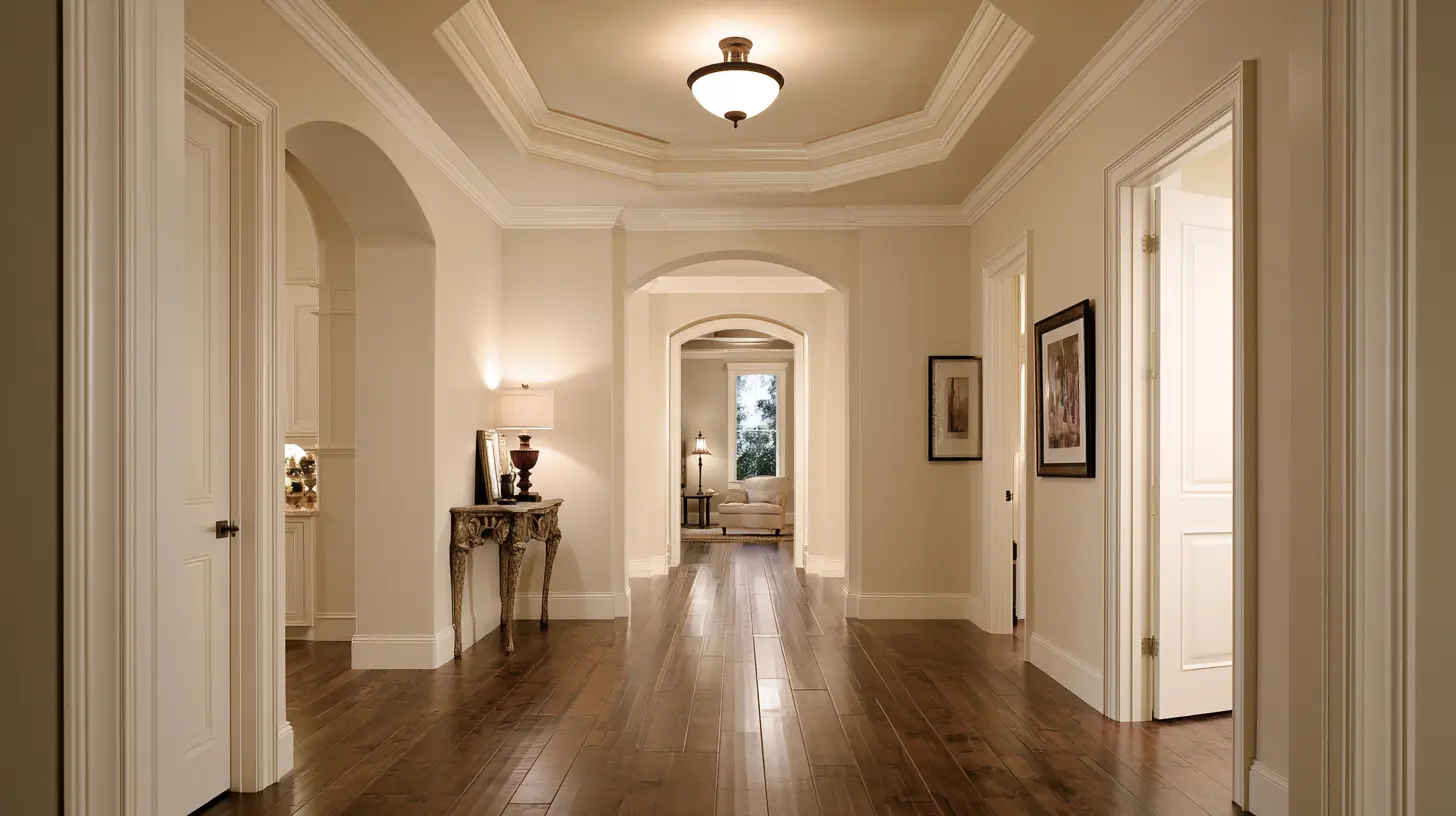 A spacious cream-colored hallway with dark wood floors, arched doorways, framed art, a console table, and a ceiling light.