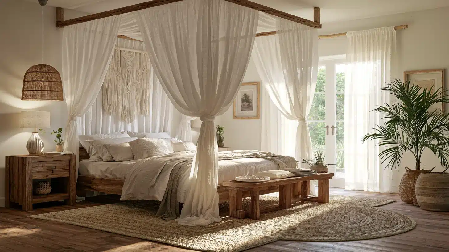 Boho bedroom with a wooden canopy bed, sheer white drapes, neutral bedding, woven rugs, rattan lighting, large plant, and warm sunlight.