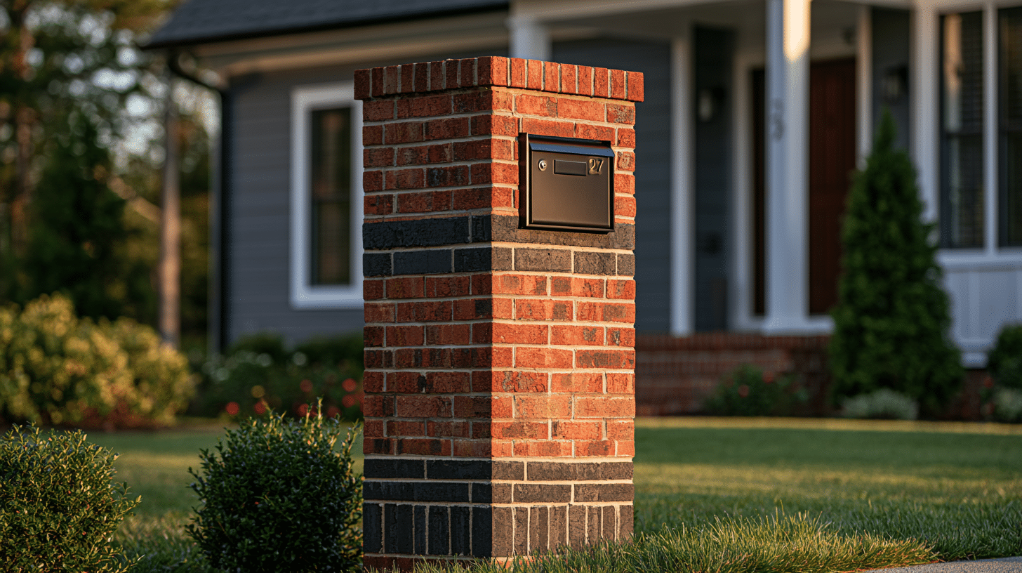 A two-tone brick mailbox mounted on a sturdy brick post, showcasing a modern design and contrasting colors.