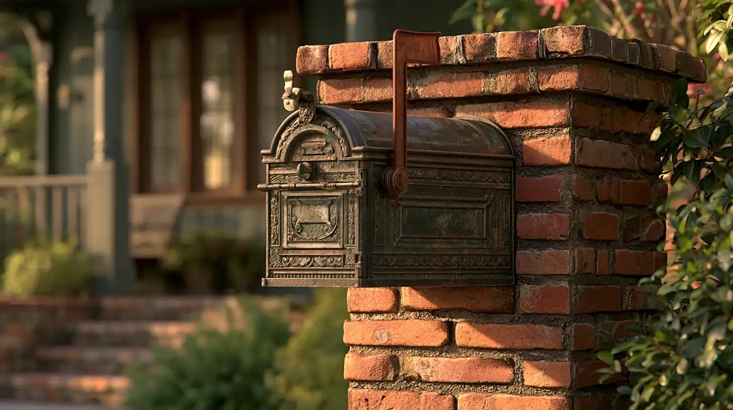 A vintage brick mailbox mounted on a matching brick wall, showcasing classic architectural design.