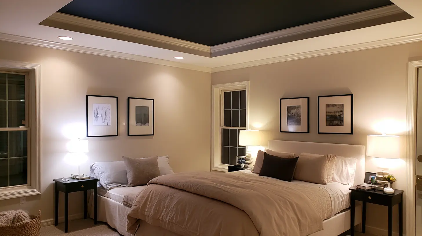A warmly lit bedroom with a large bed, white bedding, two bedside tables, a window, a sofa, and framed artwork.