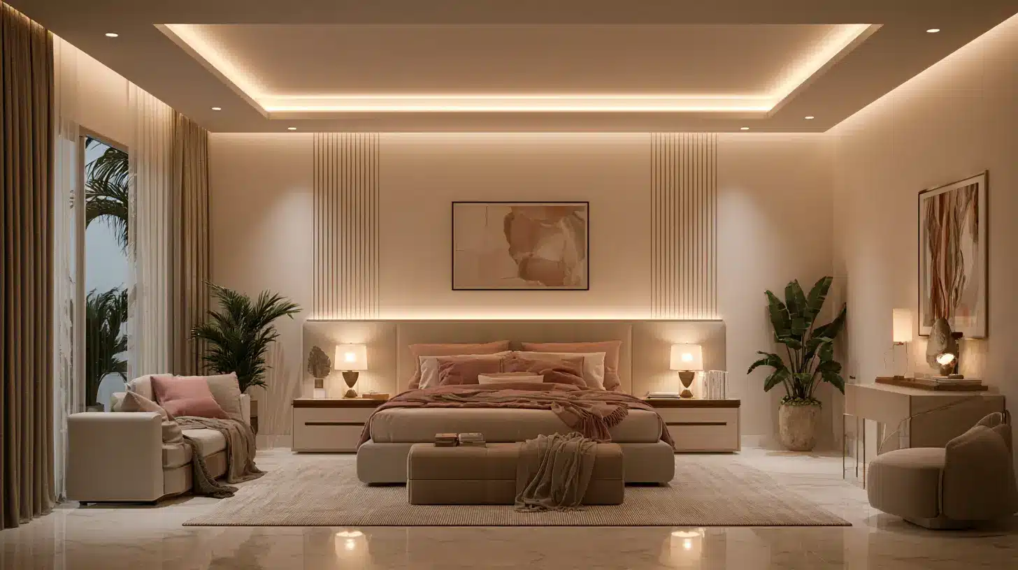 A warmly lit modern bedroom with a large bed, bench, bedside tables, plants, armchairs, and framed wall art.