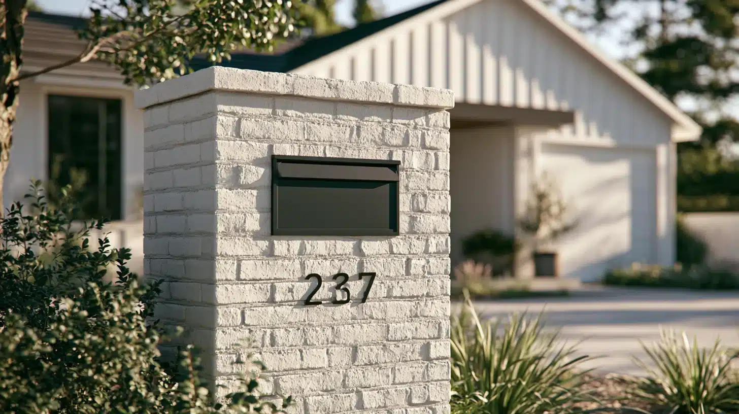 A white brick mailbox featuring a black house number prominently displayed on its front.