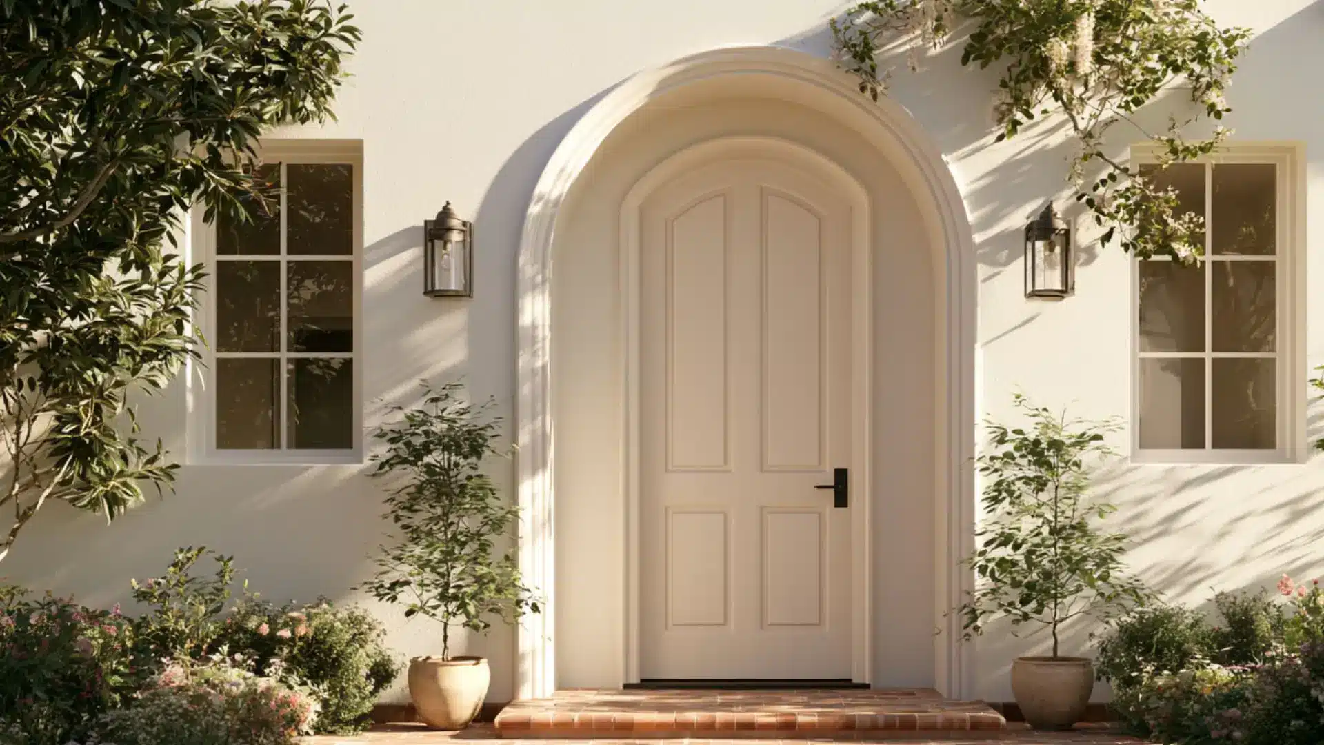 A white door featuring arched windows, set against a neutral wall background.