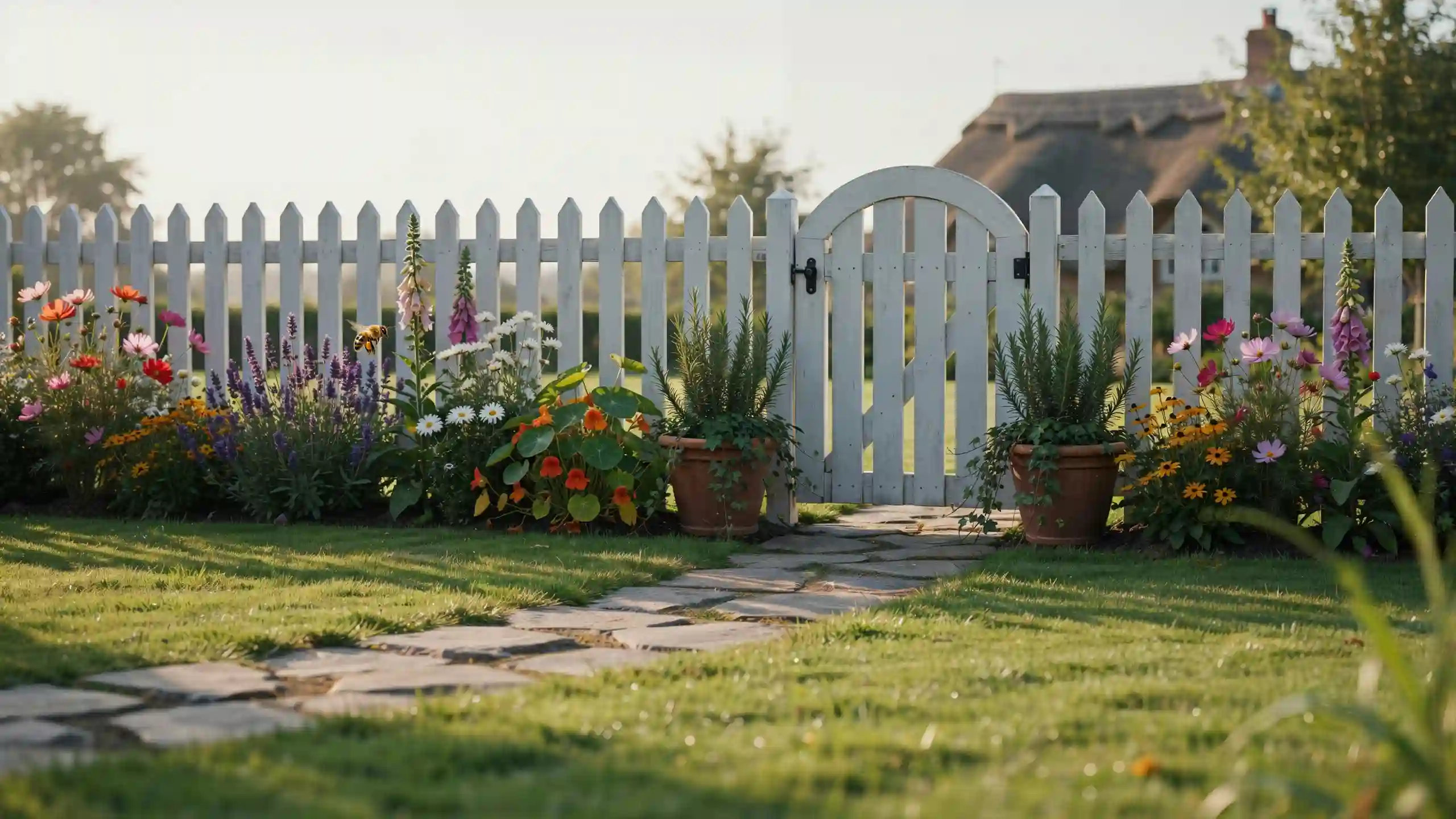 A white picket fence with an arched gate surrounds a cottage garden with colorful flowers and potted plants.