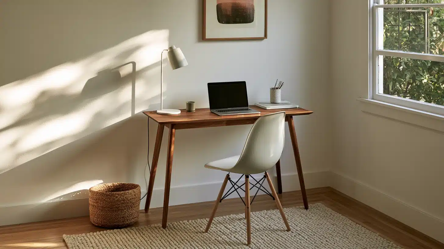 A wooden desk featuring a laptop and a chair, creating a workspace setup.