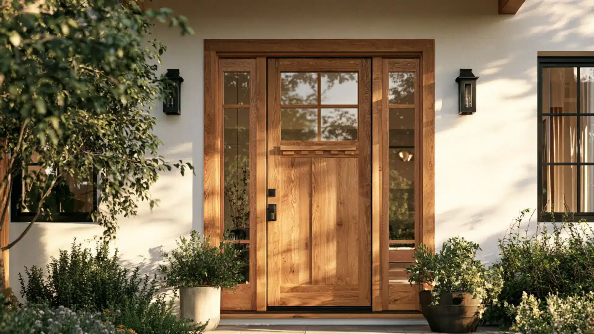 A wooden front door set against the exterior of a white house, showcasing a classic architectural style.