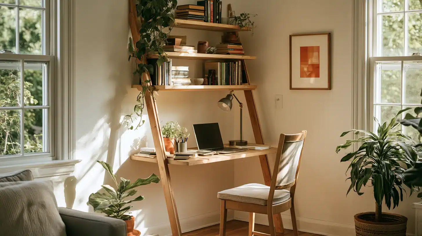A workspace setup with a laptop on a desk, surrounded by books and accompanied by a chair.