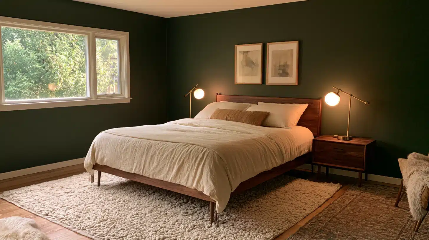 Moody <echighlighted><echighlighted>boho bedroom</echighlighted></echighlighted> with deep green walls, cream bedding, wooden furniture, brass lamps, layered rugs, framed art, and soft natural light.