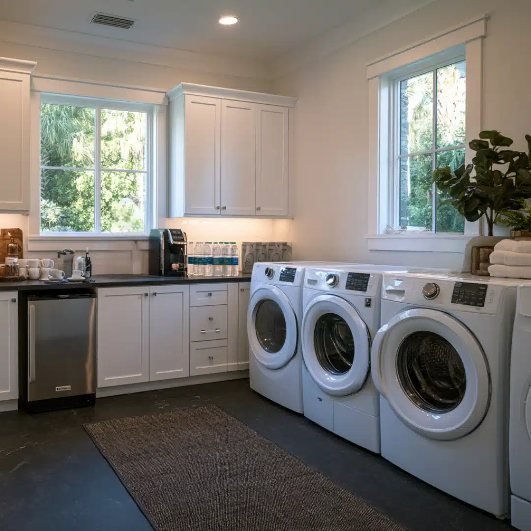 Laundry room beverage counter with fridge, coffee maker, and three machines.