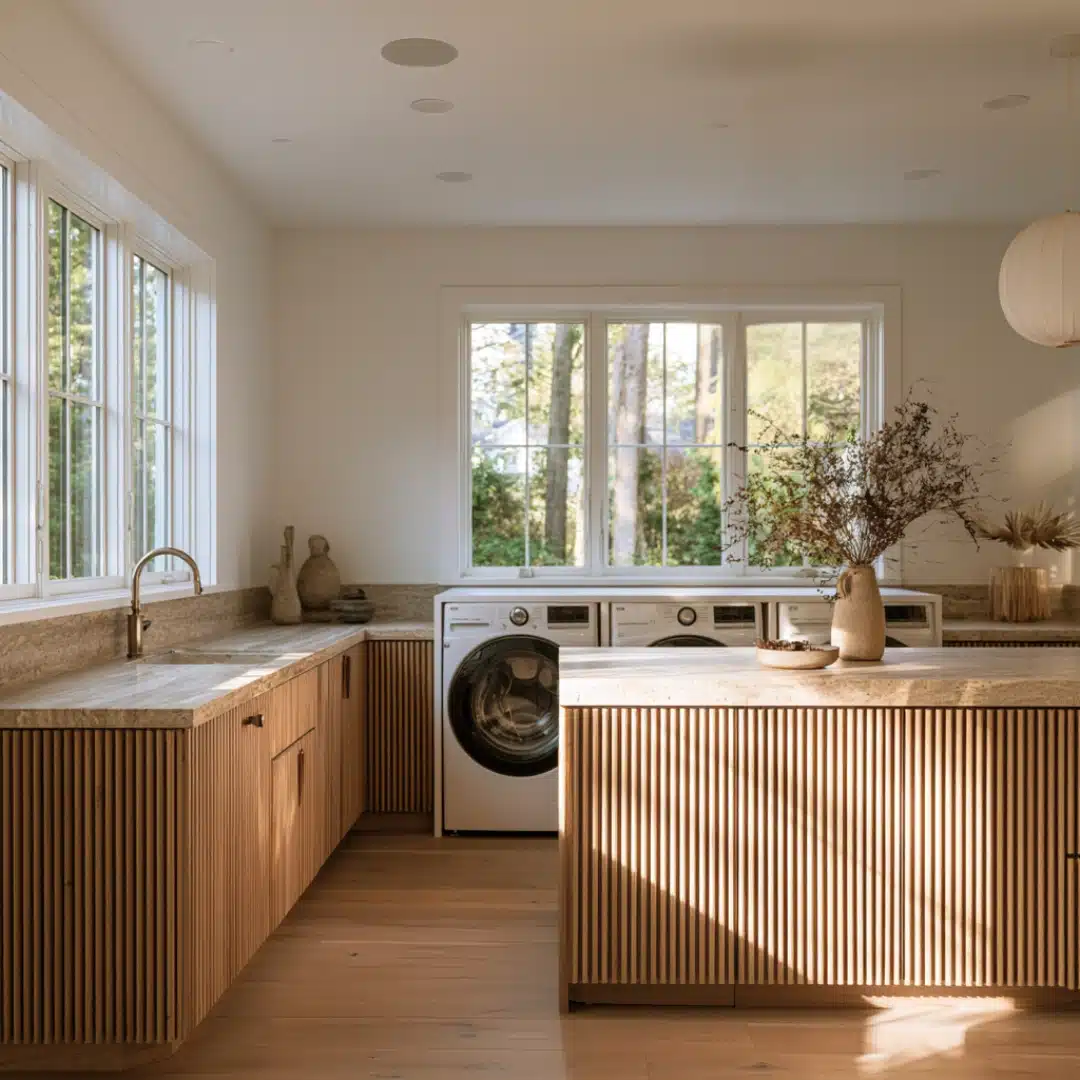 Sunlit laundry room with fluted wood cabinets, island, sink, and washers.