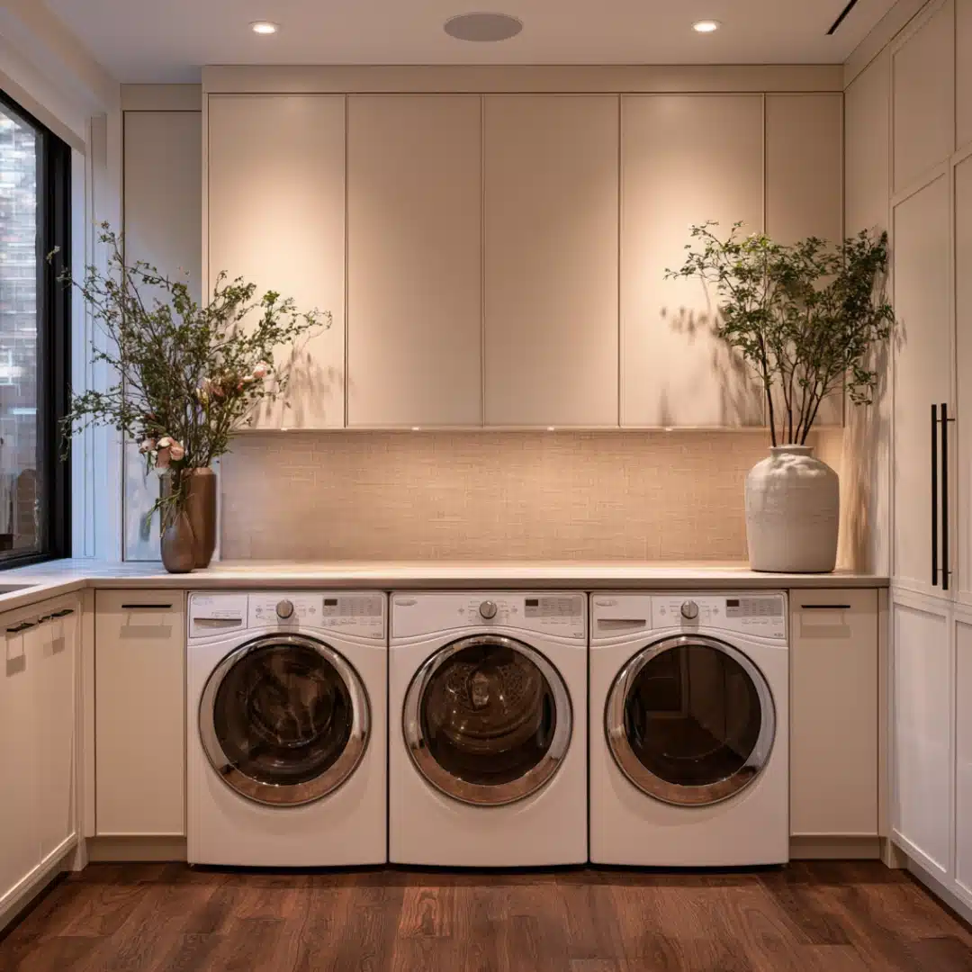 Laundry room with integrated cabinets, three front loaders, and floral decor.