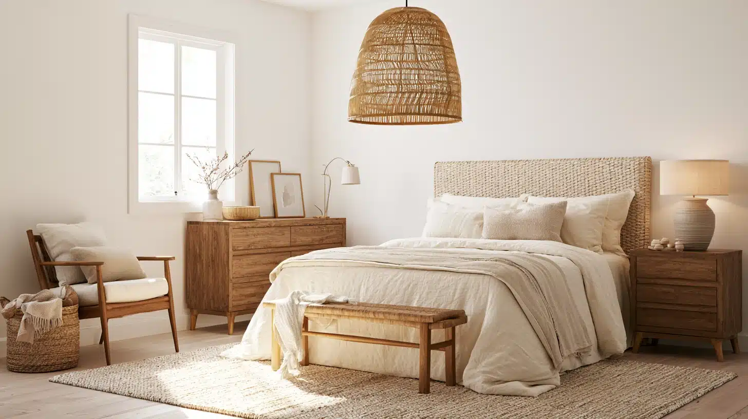 Cozy <echighlighted><echighlighted>boho bedroom</echighlighted></echighlighted> with a woven headboard, large rattan pendant light, cream bedding, wooden furniture, reading chair, basket, and natural woven rug.