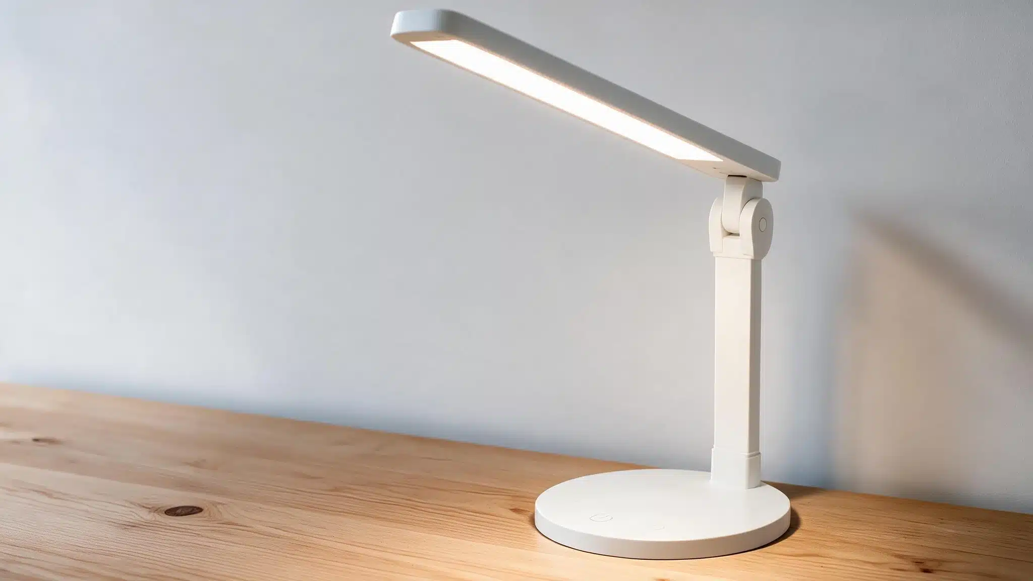 Adjustable daylight LED desk lamp providing focused neutral lighting over a wooden art studio work surface.