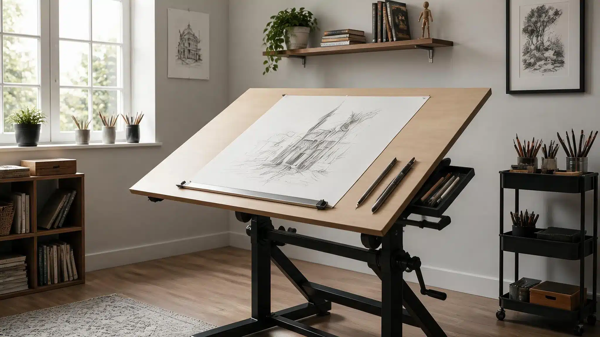 Adjustable-height drafting table in a bright art studio with a large sketch, pencils, shelving, plants, and organized drawing supplies.