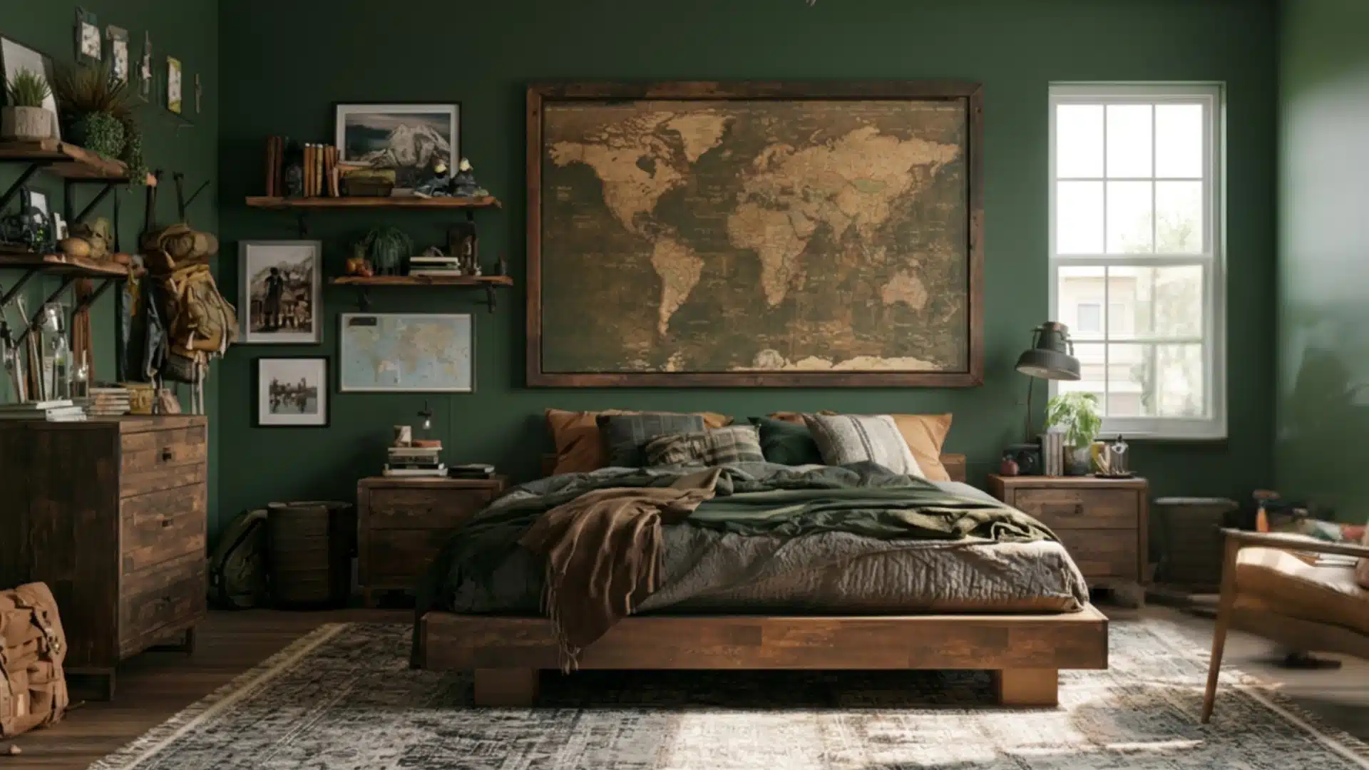 Adventure-themed bedroom with vintage world map, rustic wooden furniture, travel gear, green walls, and layered bedding.