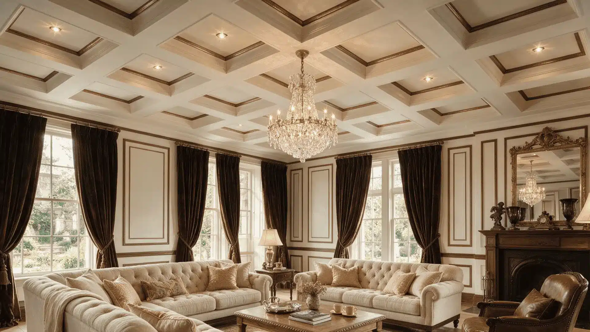 An elegant living room with white coffered ceiling, chandelier, and dark trim