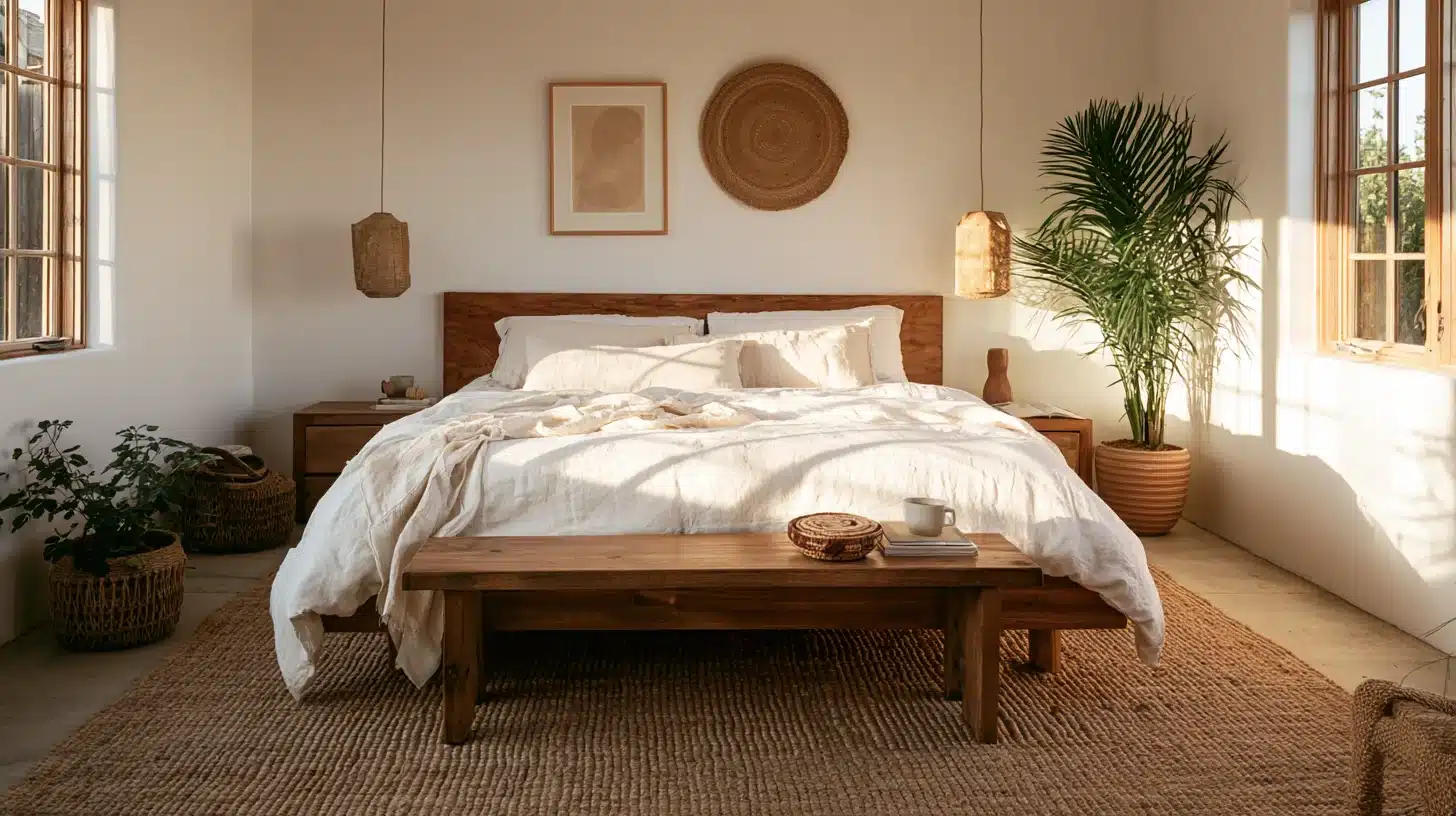 Modern <echighlighted><echighlighted>boho bedroom</echighlighted></echighlighted> with a large jute rug, low wooden bed, neutral bedding, and matching nightstands