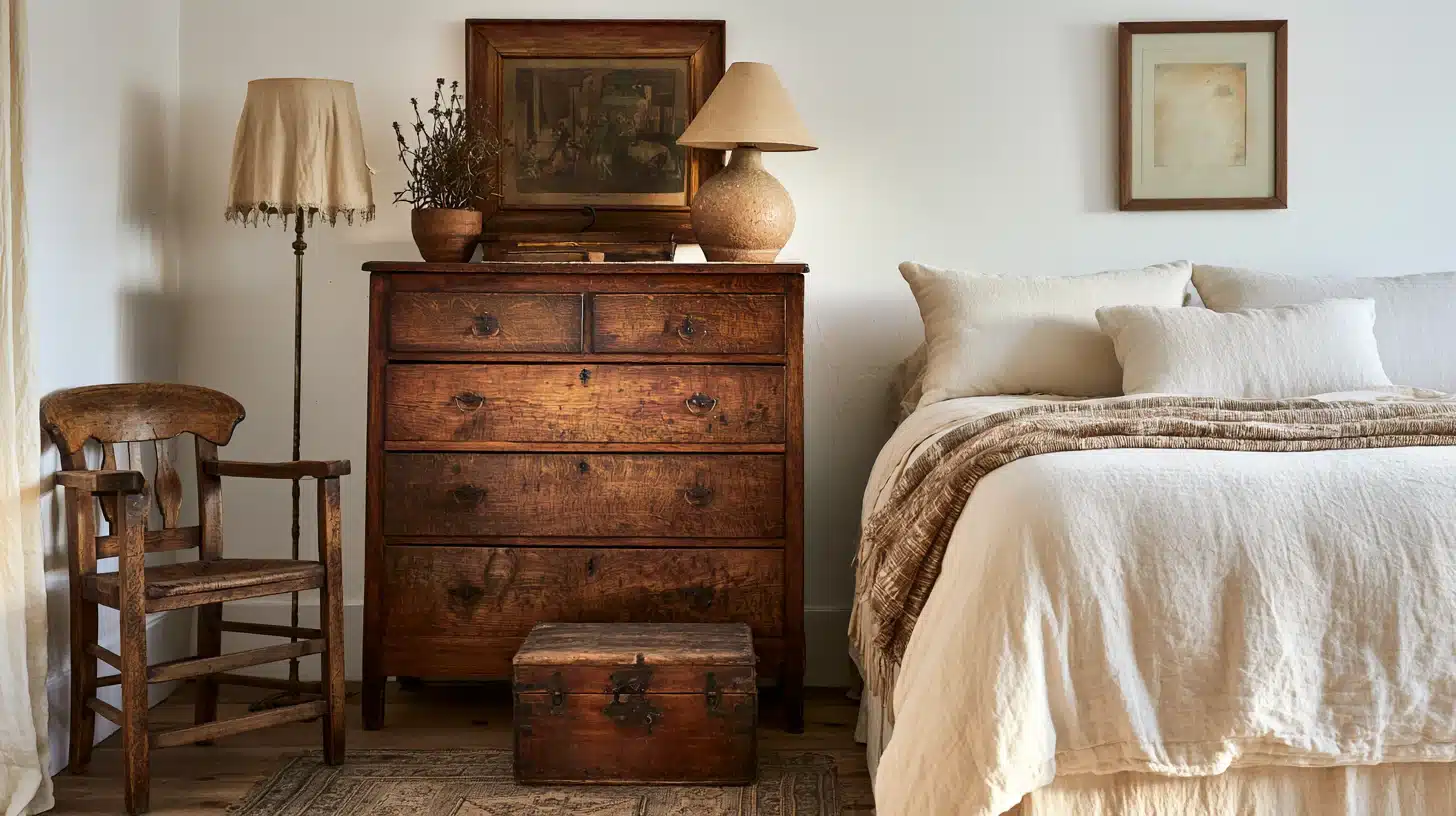 Vintage <echighlighted><echighlighted>boho bedroom</echighlighted></echighlighted> with an antique wooden dresser, worn chair, old trunk, cream bedding, vintage lamps, framed art, and a faded rug.
