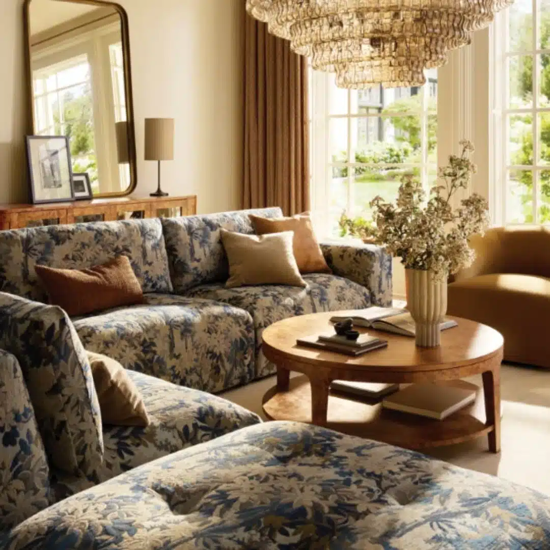 Blue floral sectional sofa and chaise with neutral pillows, round wood coffee table, chandelier, mirror, and sunlit garden windows.