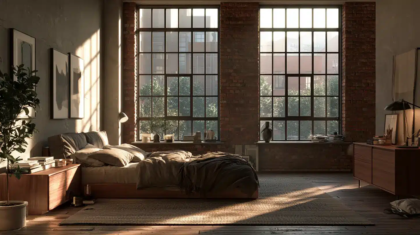 A bedroom layout around the window, well lit, day time.