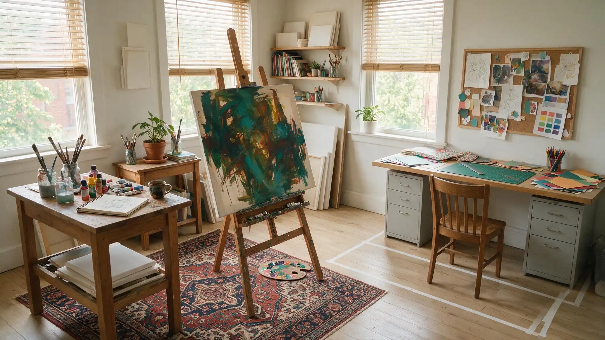 Art studio divided into painting and work zones using a large rug and floor markings around separate creative areas.