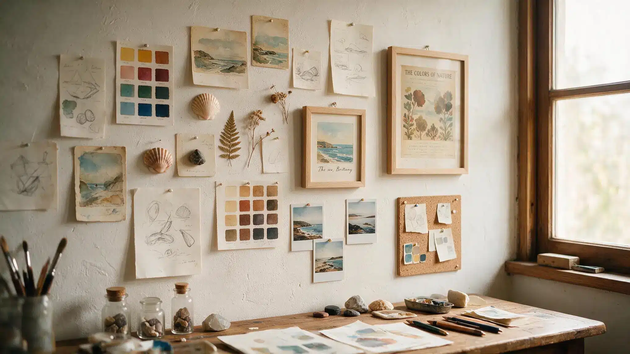 Art studio inspiration wall with sketches, color swatches, reference images, and mood board elements above a wooden desk.