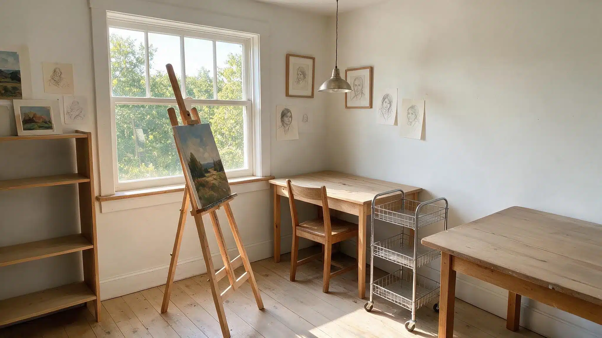 Art studio with separate painting, drawing, and cutting areas using wooden tables, easel, chair, shelves, and rolling storage cart.