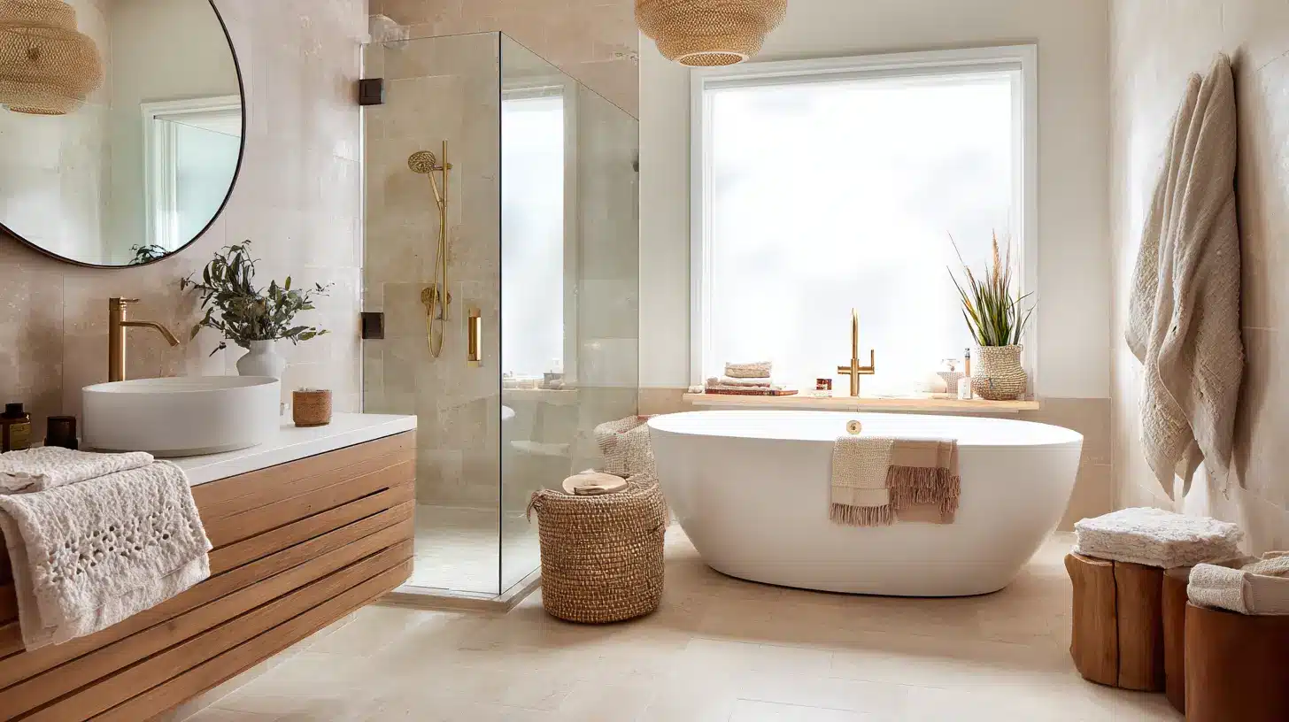Organic modern bathroom with a freestanding bathtub wood vanity glass shower brass fixtures woven accents and soft natural light