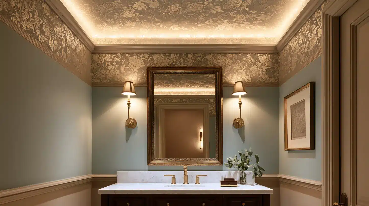 Bathroom vanity with a marble countertop, brass faucet, large framed mirror, wall sconces, floral wallpaper, framed art, and a vase of greenery.