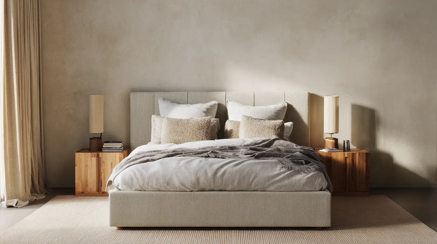 Organic modern bedroom with neutral bedding wooden nightstands textured pillows and warm natural light
