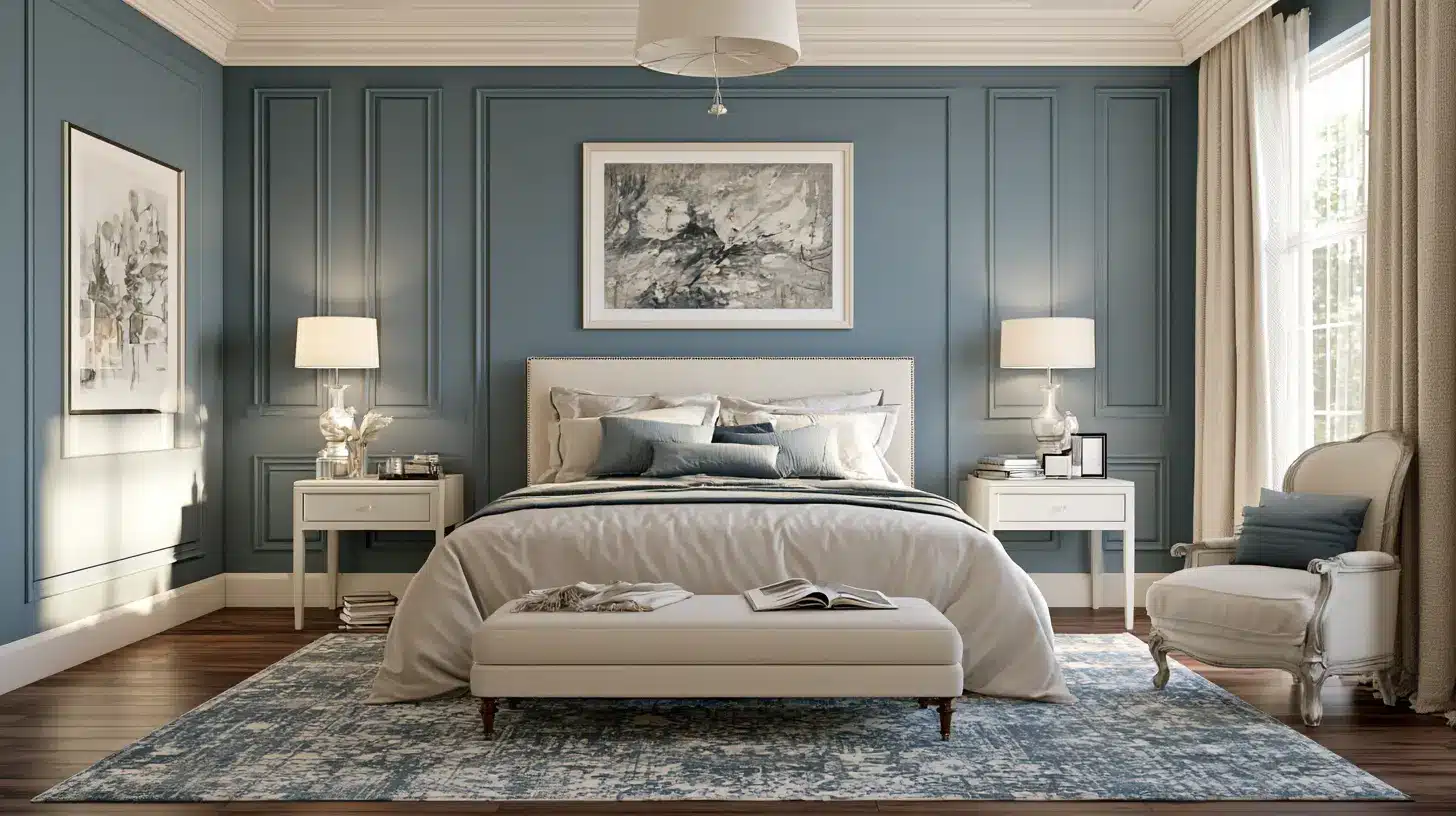 A well furnished bedroom, with good furniture and placement.