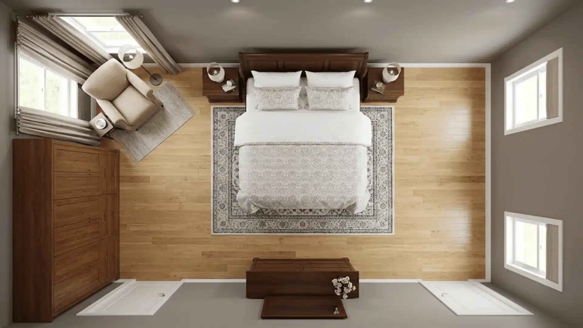 Overhead bedroom plan with centered bed, reading chair, rug, and wood storage.